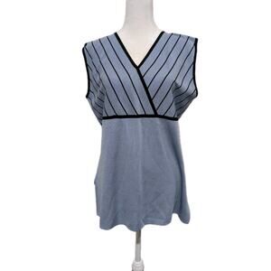 Exclusively Misook Women's Large Sleeveless Top Blue Black Striped V-Neck Shell